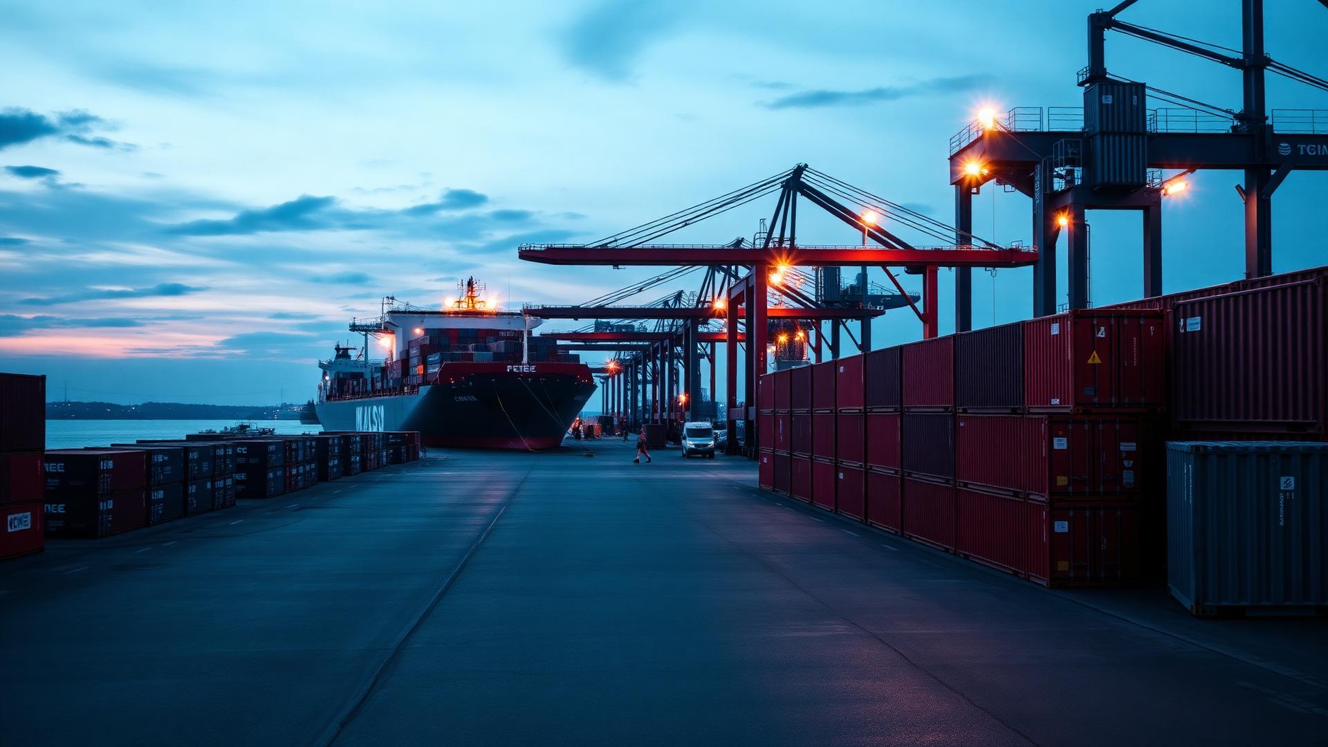 Containerterminal mit gestapelten Seecontainern und einem Frachtschiff in der Dämmerung